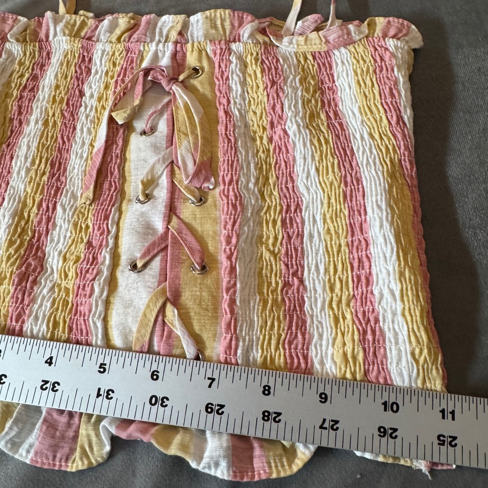 Blue Blush Smocked Crop Top S Pink Yellow Striped Lace Up Boho Beach Cottagecore - Picture 7 of 8
